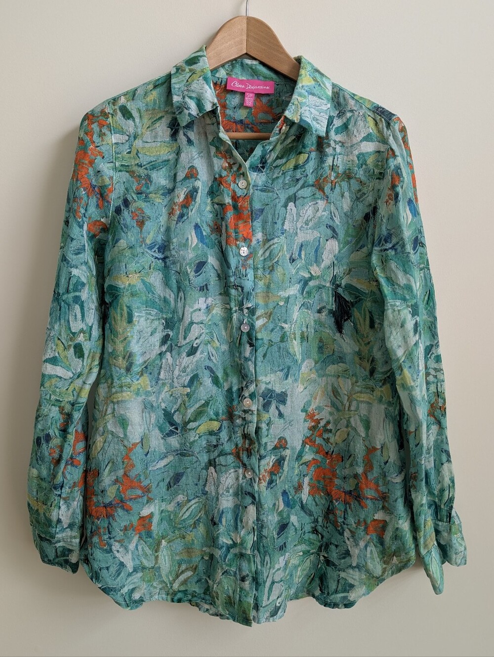 Claire Desjardins 100% ramie button down blouse top watercolour swirl